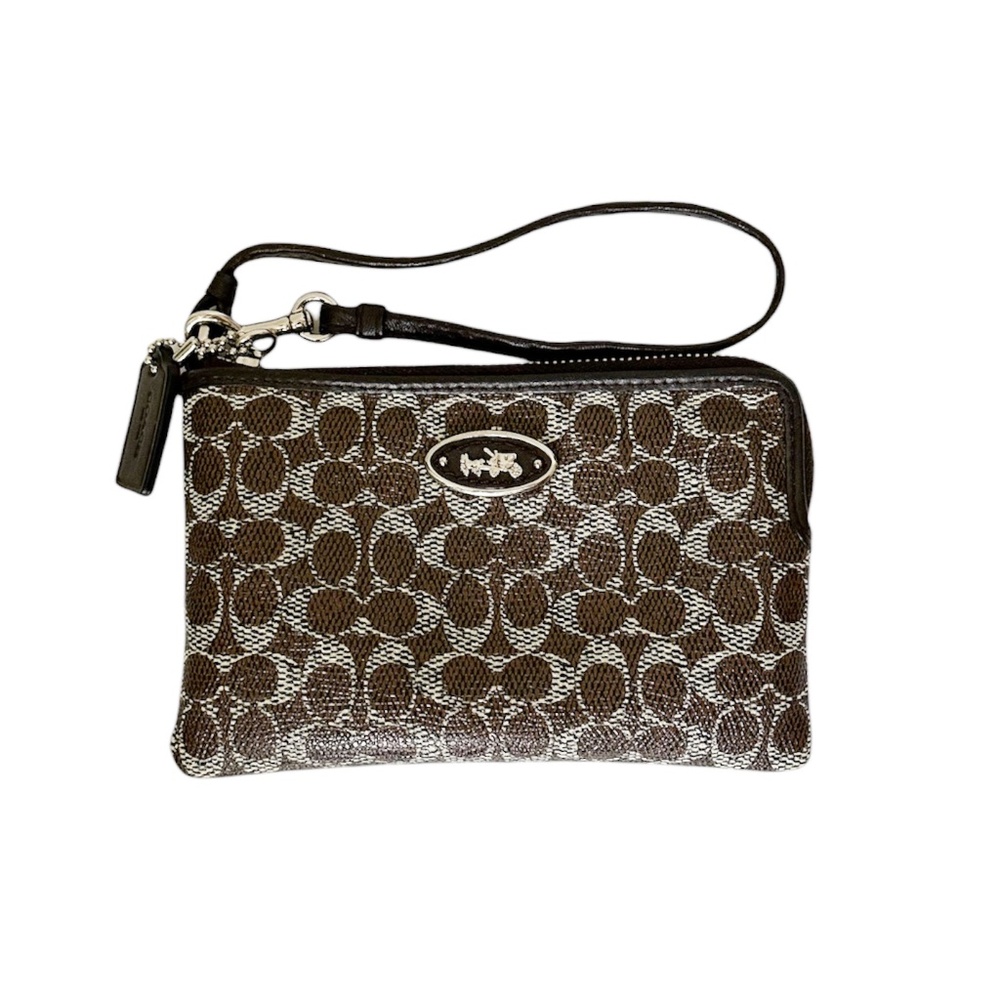 Coach Signature Monogram Strap Wristlet Coin Purse Dark Brown Smoke Color F1461